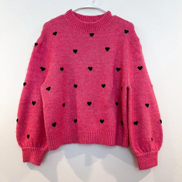 Rixo Ariana Pink Heart Print Balloon Sleeve Knit Pullover Designer Sweater Small - Picture 2 of 7